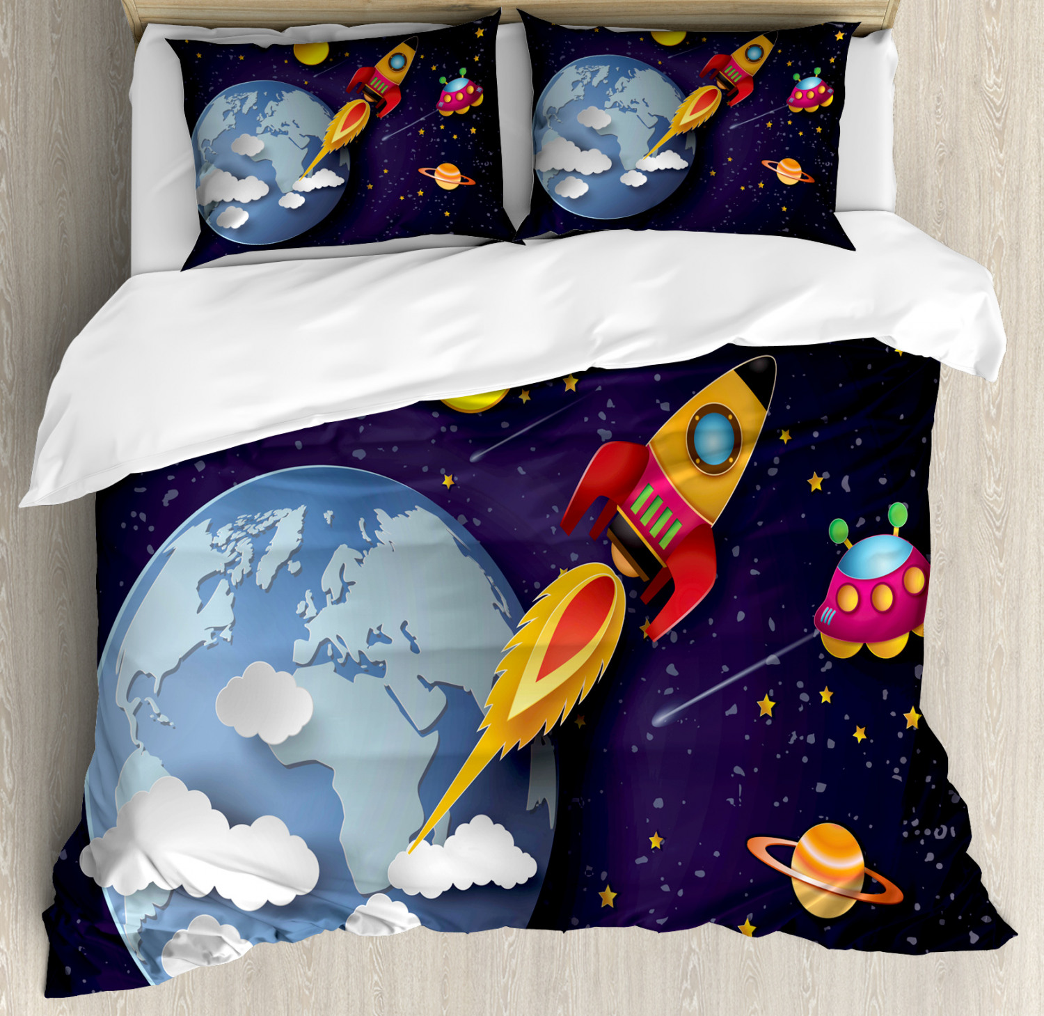 Outer Space Duvet Cover Set Queen Size, Rocket on Planetary System with ...