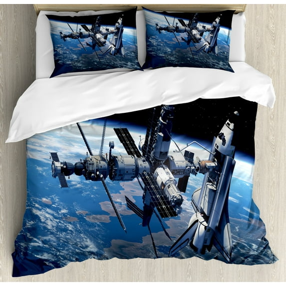 Outer Space Duvet Cover Set Queen Size, Space Shuttle and Station View Cosmonaut Adventure on Myst Globe Orbit Off, Decorative 3 Piece Bedding Set with 2 Pillow Shams, Blue Grey Black, by Ambesonne