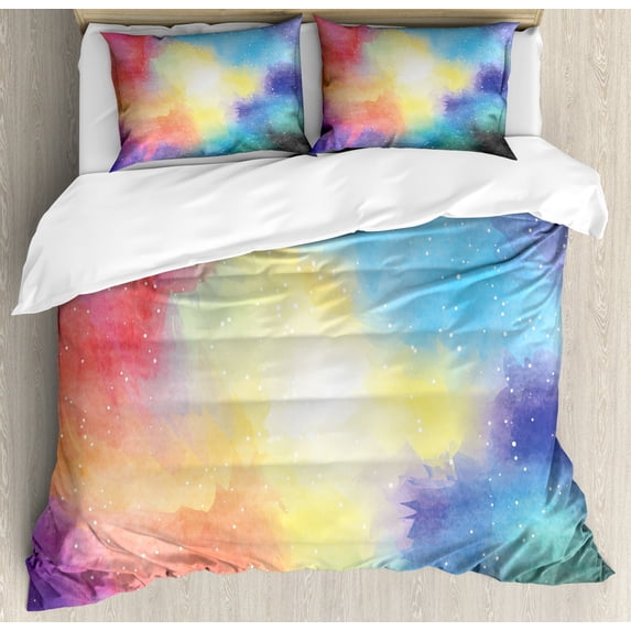 Outer Space Duvet Cover Set Queen Size, Watercolor Nebula Colorful Galaxy Stars Universe Dreamy Cosmos Celestial Art, Decorative 3 Piece Bedding Set with 2 Pillow Shams, Multicolor, by Ambesonne