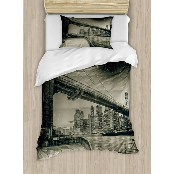 Outer Space Duvet Cover Set, Scenery of Planets from the Window of a Shuttle Bodies Astronaut Space Station, Decorative 2 Piece Bedding Set with 1 Pillow Shams, Twin Size, Grey Orange, by Ambesonne
