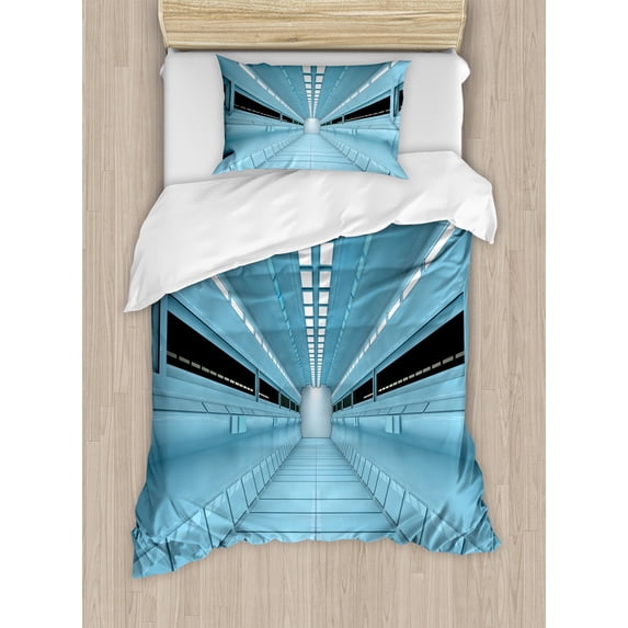 Outer Space Duvet Cover Set, Science Fiction Hole in the Spaceship Shuttle Interior Futuristic Arrival Image, Decorative 2 Piece Bedding Set with 1 Pillow Shams, Twin Size, Pale Blue, by Ambesonne