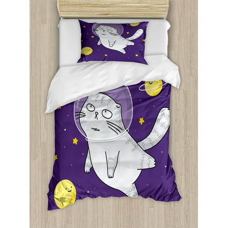 Outer Space Duvet Cover Set, Scottish Fold Cat Astronaut in with Stars and Planets in the Sky, Decorative 2 Piece Bedding Set with 1 Pillow Shams, Twin Size, Quartz Mustard, by Ambesonne