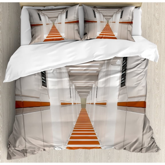 Outer Space Duvet Cover Set, Spacelaunch Spaceship Futuristic Interior Corridor Mars Planet World Image, Decorative 3 Piece Bedding Set with 2 Pillow Shams, Queen Size, White and Red, by Ambesonne