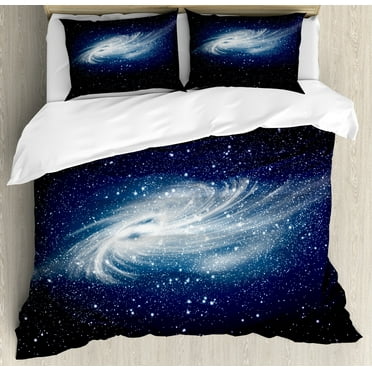 Outer Space Duvet Cover Set, Spiral Galaxy Image Space and Stars Celestial Cosmos Expanse Universe Modern, Decorative 3 Piece Bedding Set with 2 Pillow Shams, Calking Size, Navy White, by Ambesonne