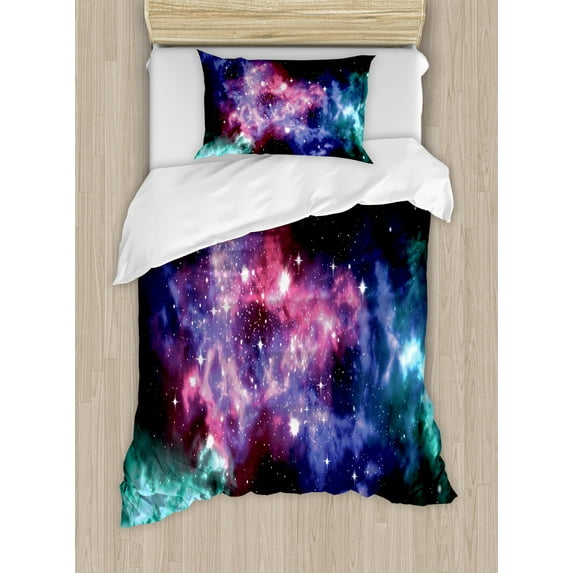 Outer Space Duvet Cover Set, Stars and Dusty Gas Cloud in Planetary Cosmos Universe Print, Decorative 2 Piece Bedding Set with 1 Pillow Shams, Twin Size, Purple Pink Navy, by Ambesonne