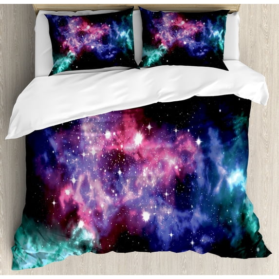 Outer Space Duvet Cover Set, Stars and Dusty Gas Cloud in Planetary Cosmos Universe Print, Decorative 3 Piece Bedding Set with 2 Pillow Shams, Queen Size, Purple Pink Navy, by Ambesonne