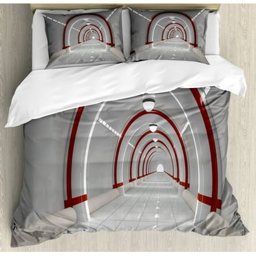 Outer Space Duvet Cover Set, Station with the Clean Walls Featured Surface Alien Astronomy Big Bang Ship, Decorative 3 Piece Bedding Set with 2 Pillow Shams, Calking Size, White Red, by Ambesonne