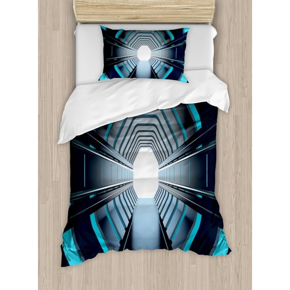 Outer Space Duvet Cover Set, Tunnel with Neon Passage Mercury Lunar Orbit Inspired Stardust Art, Decorative 2 Piece Bedding Set with 1 Pillow Shams, Twin Size, Blue Dark Blue White, by Ambesonne