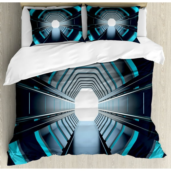 Outer Space Duvet Cover Set, Tunnel with Neon Passage Mercury Lunar Orbit Inspired Stardust Art, Decorative 3 Piece Bedding Set with 2 Pillow Shams, King Size, Blue Dark Blue White, by Ambesonne