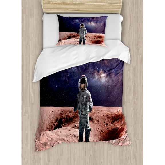 Outer Space Duvet Cover Set Twin Size, Astronaut on the Space Mercury before Milky Way Cosmos Meteor Fantasy Art, Decorative 2 Piece Bedding Set with 1 Pillow Sham, Purple Brown, by Ambesonne