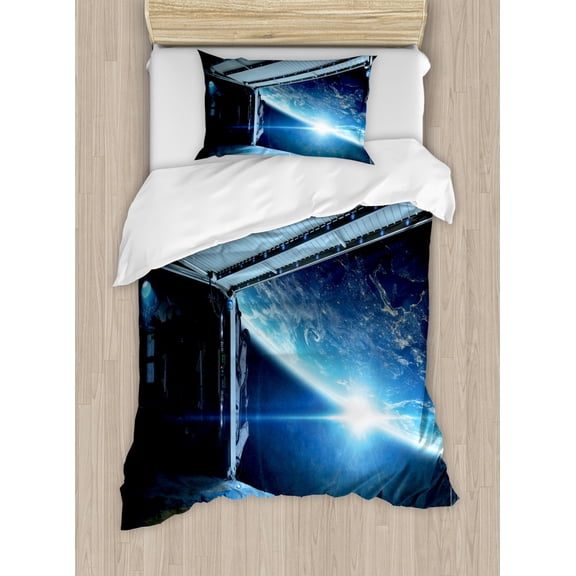 Outer Space Duvet Cover Set Twin Size, Interstellar Airlock Shuttle Runway Gate Journey to the Stars Invasion View, Decorative 2 Piece Bedding Set with 1 Pillow Sham, Blue Gray, by Ambesonne
