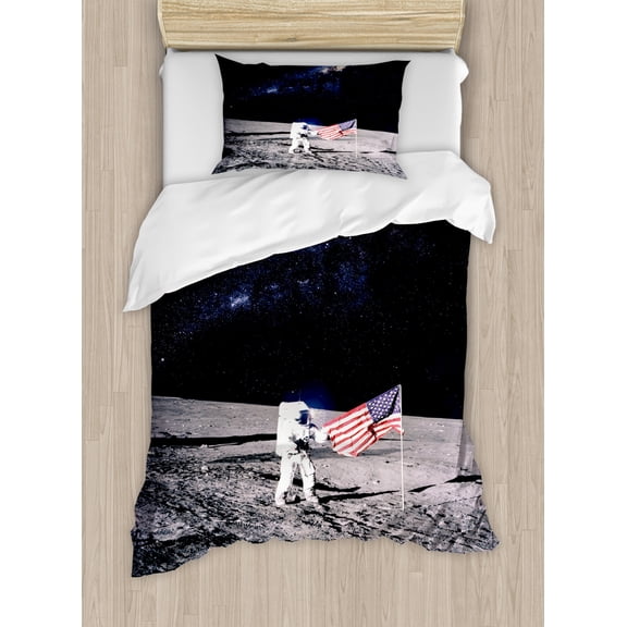 Outer Space Duvet Cover Set Twin Size, Moon Astronaut on Universe with American Flag Milky Way Inspired Future Picture, Decorative 2 Piece Bedding Set with 1 Pillow Sham, Brown Blue, by Ambesonne
