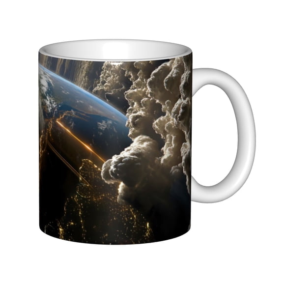 Outer Space Earth View from Orbit Ceramic Coffee Mug, 11oz White Tea Cup with Majestic Planet and Clouds Print, Decorative Gift for Science Lovers