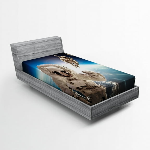 Outer Space Fitted Sheet, Cosmonaut Crew in Universe Astronomy Atmosphere Astral Journey Inspired Image, Soft Decorative Fabric Bedding, Twin Size, Blue Beige, by Ambesonne