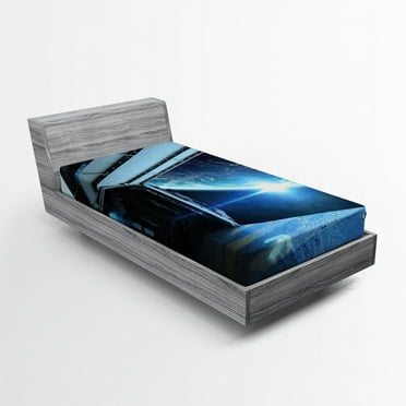 Outer Space Fitted Sheet, Interstellar Airlock Shuttle Runway Gate Journey to the Stars Invasion View, Soft Decorative Fabric Bedding, Twin XL Size, Blue Grey, by Ambesonne