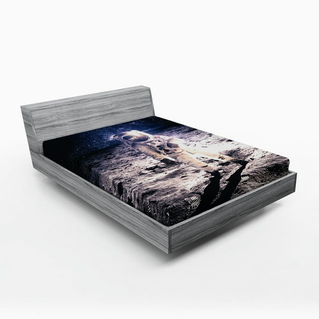 Outer Space Fitted Sheet, Moon Spaceman on the Surface of Orbit Background Cosmos Galaxy Solar Photo, Soft Decorative Fabric Bedding, Full Size, Brown Blue, by Ambesonne
