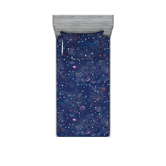 Outer Space Fitted Sheet & Pillow Sham Set, Celestial Themed Universe Stars and Moon Pattern on Night Back, Decorative Printed 2 Piece Bedding Decor, Twin, Dark Lavender Multicolor, by Ambesonne