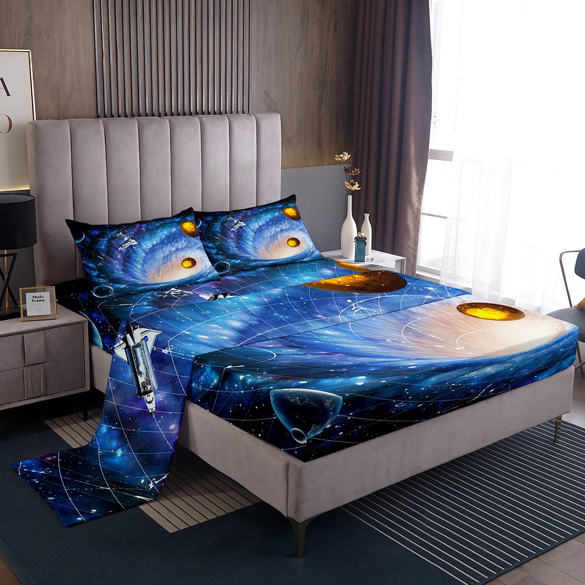 Outer Space Fitted Sheet Queen for Boys Blue Galaxy Bed Sheets Set, 3D
