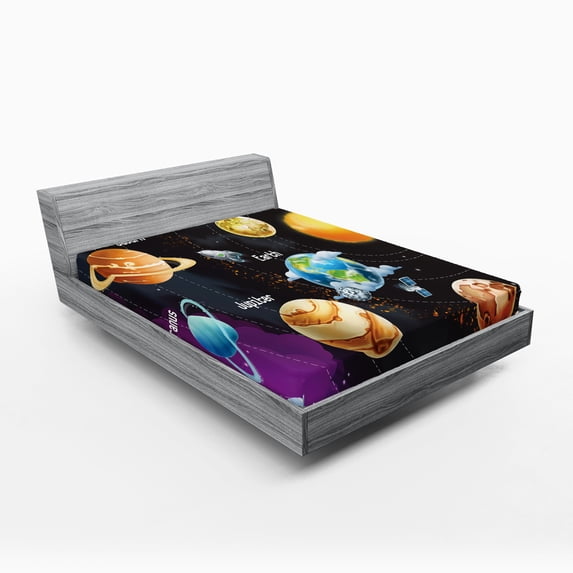 Outer Space Fitted Sheet, Solar System of Planets Milky Way Neptune Venus Mercury Sphere Illustration, Decorative Soft Bedding All-round Elastic Pocket, Queen Size, Multicolor, by Ambesonne