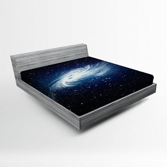 Outer Space Fitted Sheet, Spiral Galaxy Image Space and Stars Celestial Cosmos Expanse Universe Modern, Soft Decorative Fabric Bedding, Queen Size, Navy White, by Ambesonne