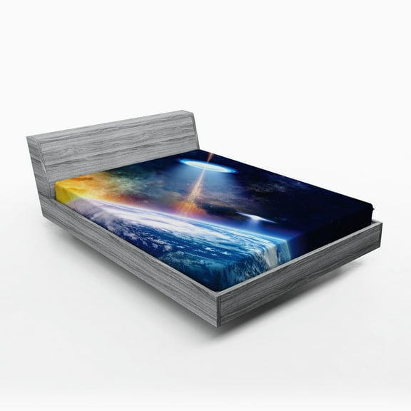 Outer Space Fitted Sheet, Vibrant UFO on Earth Secret Experiment Climate Change Terrestrial Fiction, Soft Decorative Fabric Bedding, Full Size, Blue Orange, by Ambesonne