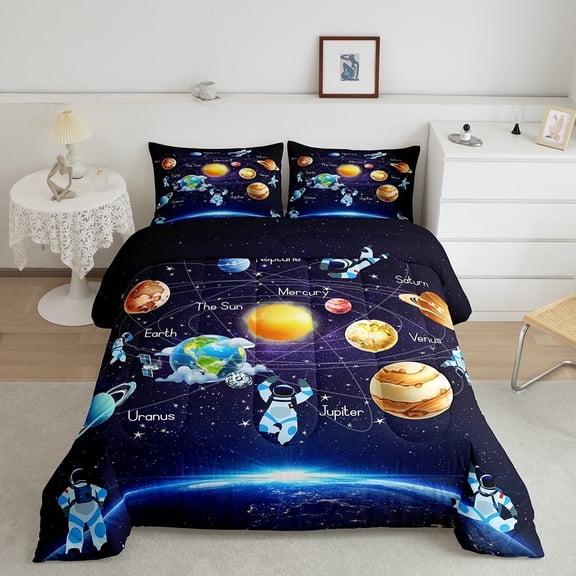 Outer Space Full Bedding Set Planet Comforter Set, Solar System Bedding Comforter Sets Teens Blue Galaxy Starry Sky Astronaut Print Duvet Insert Universe Themed Quilt 3Pcs