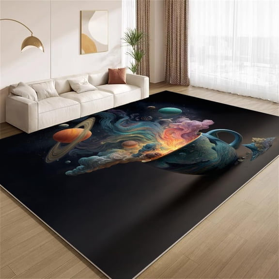 Outer Space Galaxy Area Rugs, Planet Coffee Cup Pattern Carpet, Washable Non Slip Low Pile Soft Rug for Living Room Bedroom Office Decor Mat 3ftx5ft