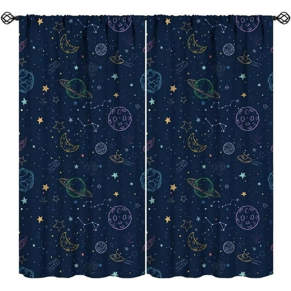 Outer Space Galaxy Curtains, Boys Kids Cartoon Universe Starry Sky Planets Moon Colorful Stars Print Window Drapes for Bedroom Living Room 84x84in