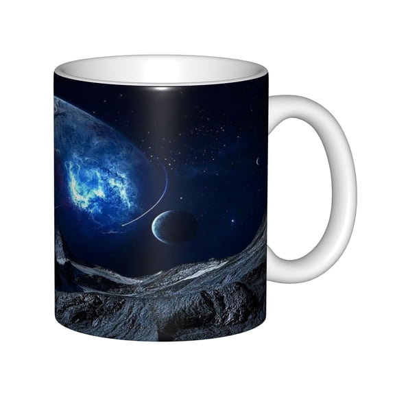 Outer Space Galaxy White 11oz Ceramic Coffee Mug, Nebula Planets Universe Coffee Cup Gift for Astronomy Lovers