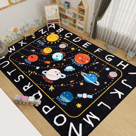 Outer Space Kids Rug,59"X39.4" ABC Alphabet Educational Kids Rugs for Playroom,Non Slip Solar System Galaxy Planets Playroom Rug,Washable Kid Area Rug Carpet for Classroom Bedroom Kid Room Decor