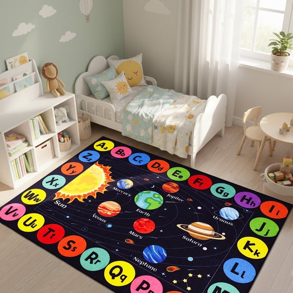 Outer Space Kids Rug Carpet for Playroom, ABC Educational Learning Area Rug, Non-Slip Solar System Road Play Rug for Bedrooms Classroom Nursery Decor Black78.7X59Inch