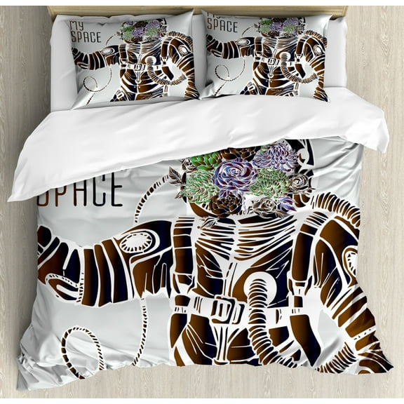 Outer Space King Size Duvet Cover Set, Funny Love Quote with a Floral Head Cosmonaut Pilot Man Humor Illustration, Decorative 3 Piece Bedding Set with 2 Pillow Shams, Multicolor, by Ambesonne