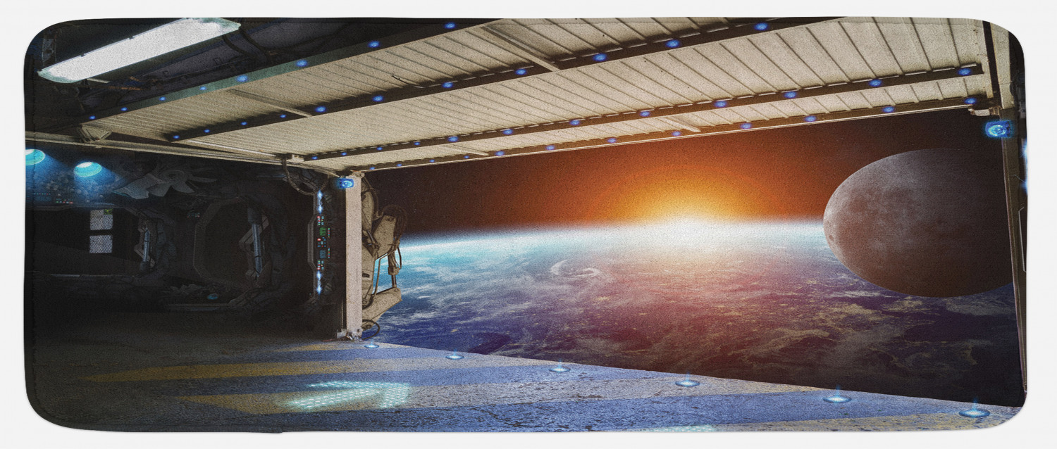 Outer Space Kitchen Mat, Earth Scene from a Space Plane Runway Gate ...