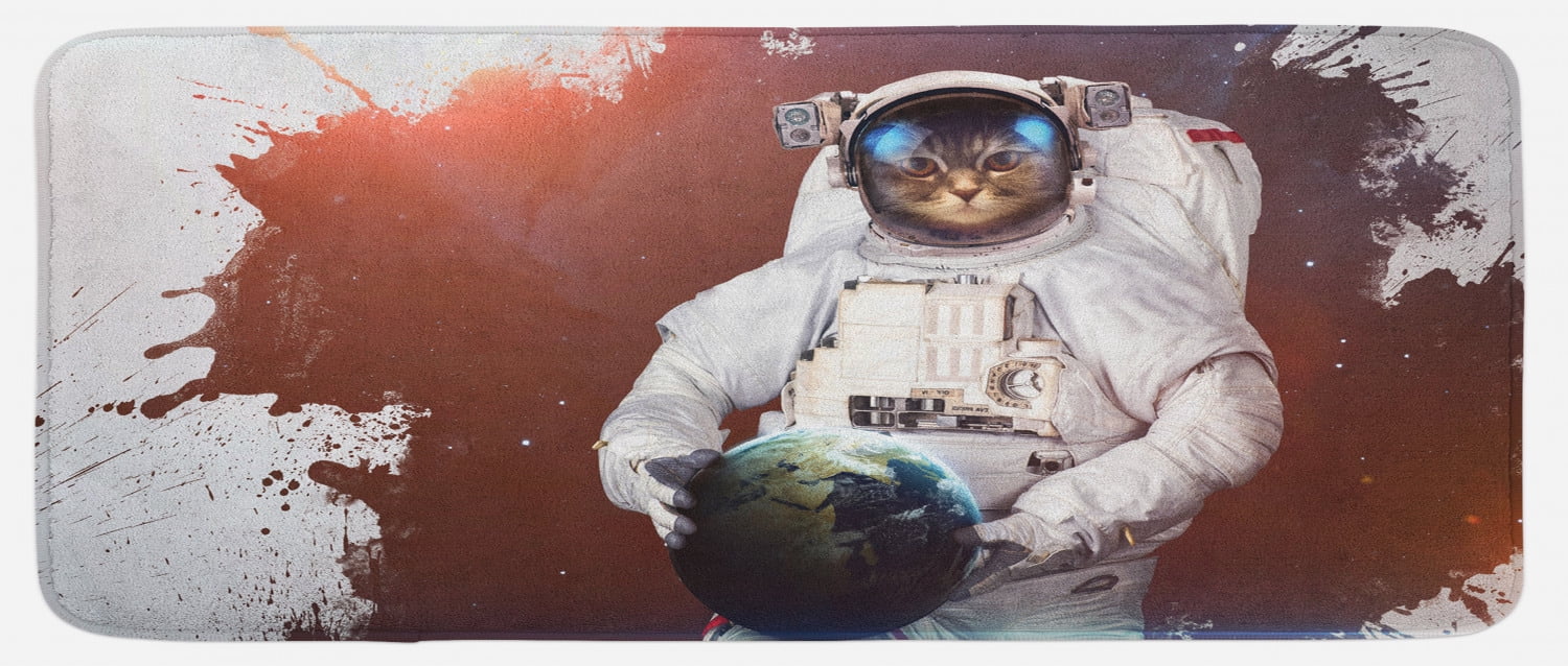 Outer Space Kitchen Mat, Kitty Cosmonaut on Earth World in Front of ...