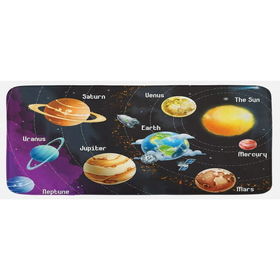 Outer Space Kitchen Mat, Solar System of Planets Milky Way Neptune Venus Mercury Sphere Illustration, Plush Decorative Kitchen Mat with Non Slip Backing, 47" X 19", Multicolor, by Ambesonne