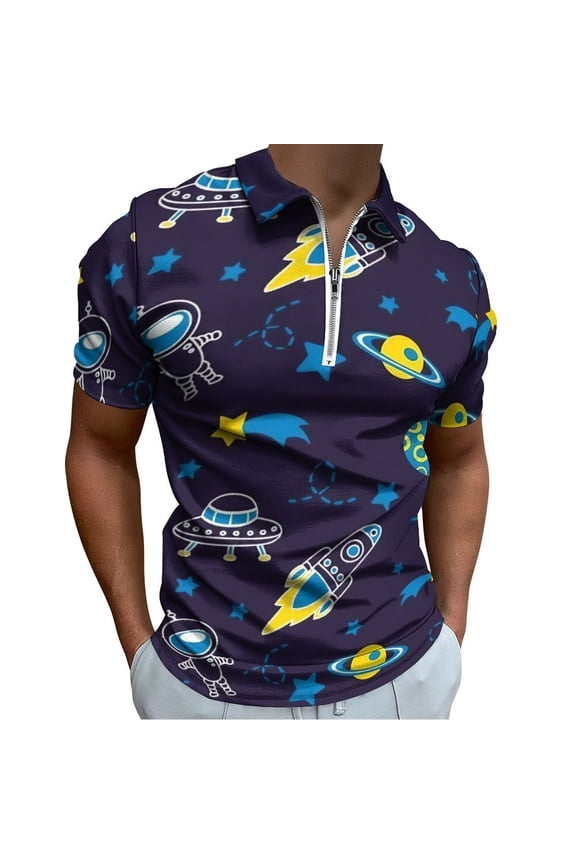 Outer Space Men Zipper T-shirt Summer Casual Short Sleeve T-shirt Top