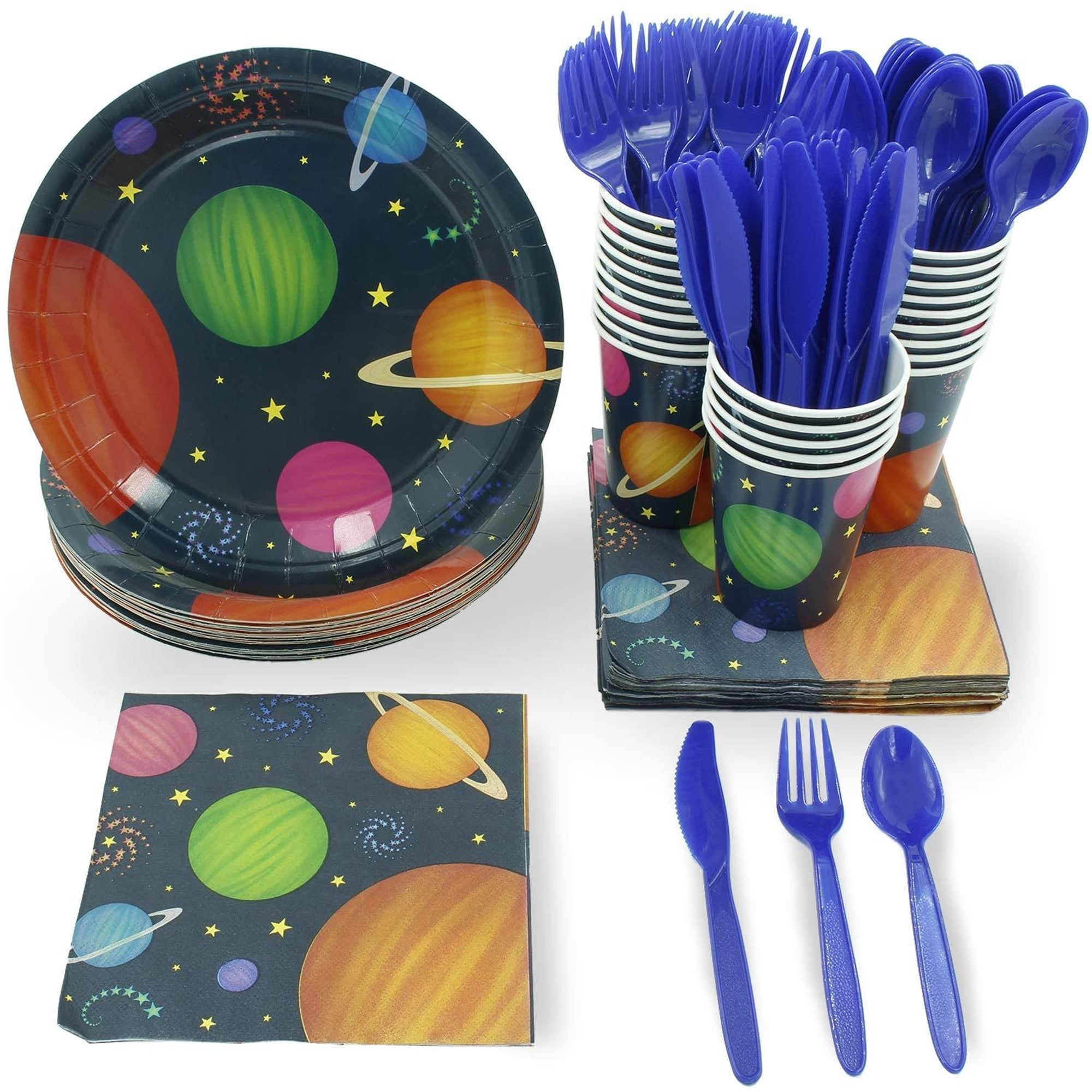 JUVALE Outer Space Party Supplies Bundle Plates, Napkins, Cups, and Cutlery - Serves 24, 144 Total Pieces for a Fun and Memorable Birthday Celebration