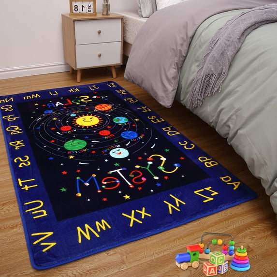 Outer Space Pattern Kids Area Rug, Non Slip Solar System Alphabet Play Mat Learning Carpet