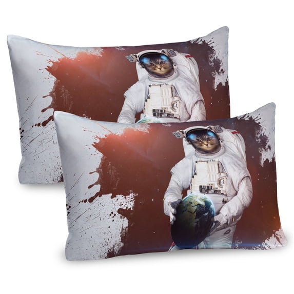 Outer Space Pillow Sham Set of 2, Kitty Cosmonaut on Earth World in Front of Color Splash Surreal Design, Quality Microfiber Bedding Item for All Seasons, 26" x 20", Red White, by Ambesonne