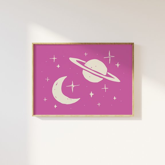 Outer Space Pink Poster, Cute Stars And Planets Boho Space Wall Art Print