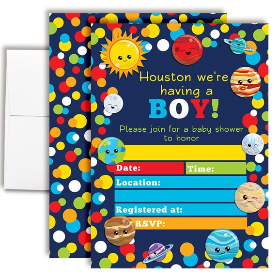Outer Space Planets Baby Shower Invitations, 20 Fill-In Cards with Envelopes, 5x7 Baby Shower Invites & Supplies, New Baby Celebration Cards, Made in USA by Amanda Creation