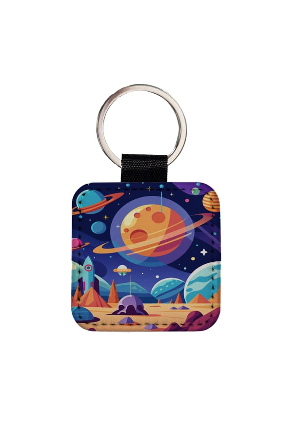 Outer Space Planets Faux Leather Square Keychain