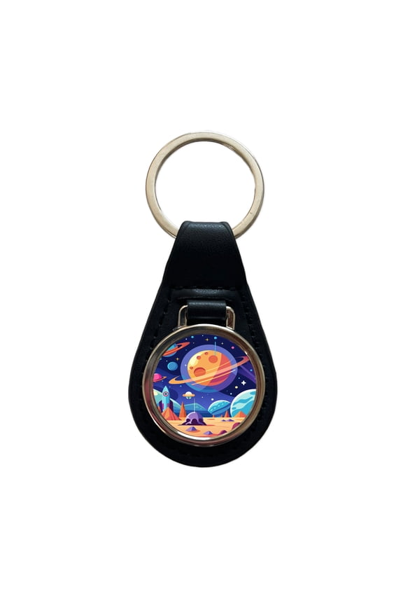 Outer Space Planets Metal Black Leather Keychain
