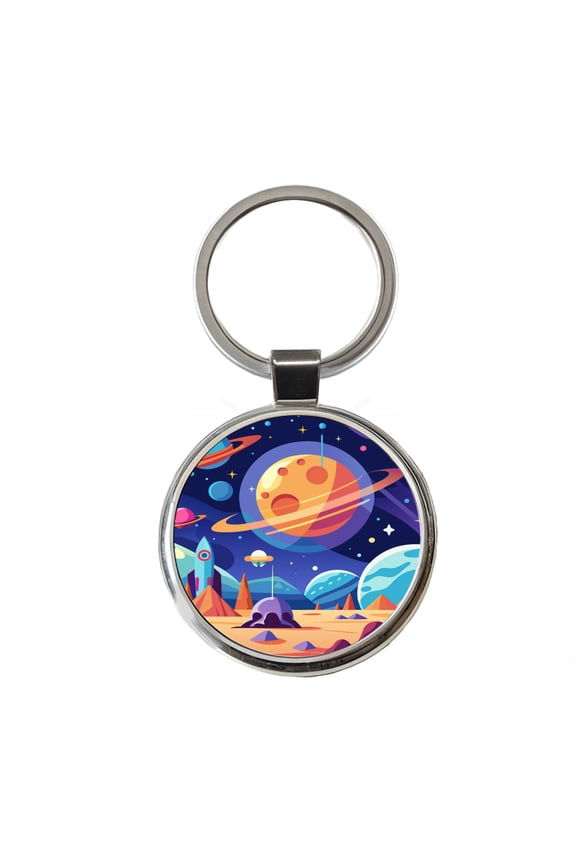 Outer Space Planets Metal Round Keychain