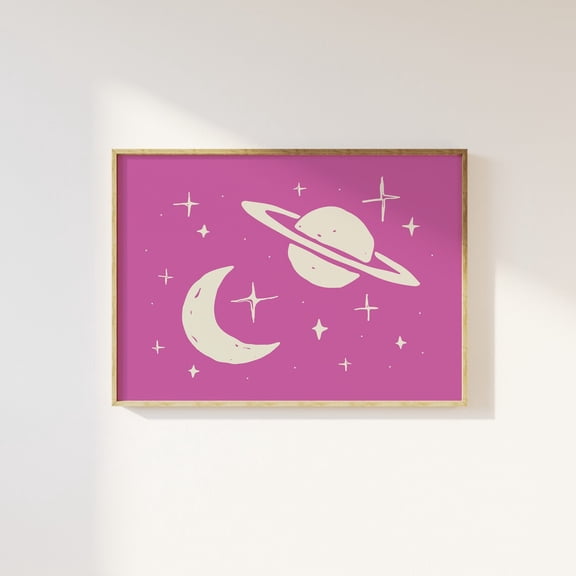 Outer Space Poster Cute Stars And Planets Art Pink Wall Boho Poster, Unframed Size 8x12