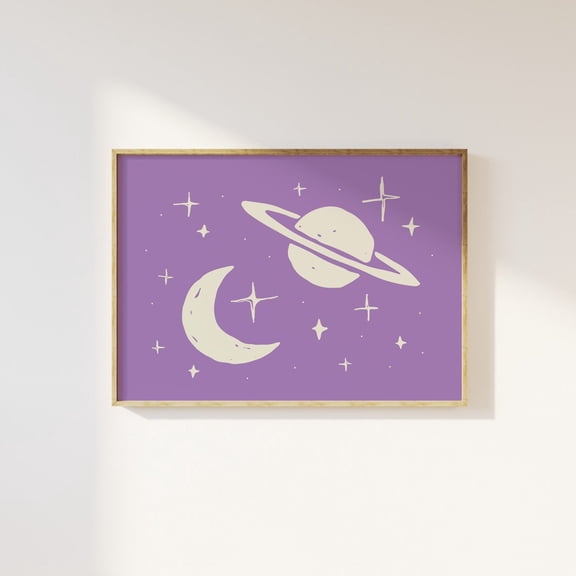 Outer Space Poster Cute Stars And Planets Art Purple Wall Boho Poster, Unframed Size 8x12