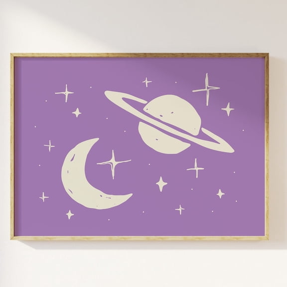 Outer Space Print Cute Stars And Planets Art Print Purple Wall Art Boho Space Home Decor Office Wall Art