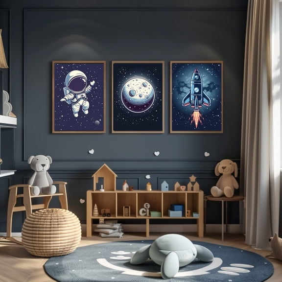 Outer Space Prints Astronaut Moon Rocket Wall Decor Set 3 Stretched Canvas 16x24