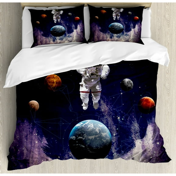 Outer Space Queen Size Duvet Cover Set, Astronaut in the Outer Space with the Planets Globe Satellite Energy Eternity Theme, Decorative 3 Piece Bedding Set with 2 Pillow Shams, Multi, by Ambesonne