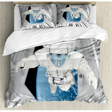 Outer Space Queen Size Duvet Cover Set, Astronaut inside Spaceship Cosmic Journey Celestial World Universe Theme, Decorative 3 Piece Bedding Set with 2 Pillow Shams, White and Blue, by Ambesonne